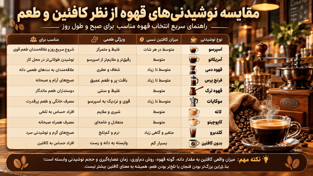 مقایسه نوشیدنی قهوه از نظر کافئین و طعم