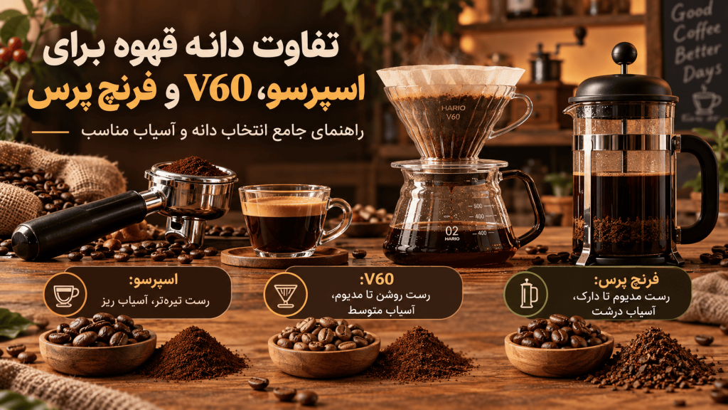 تفاوت دانه قهوه برای اسپرسو V60 فرنچ پرس