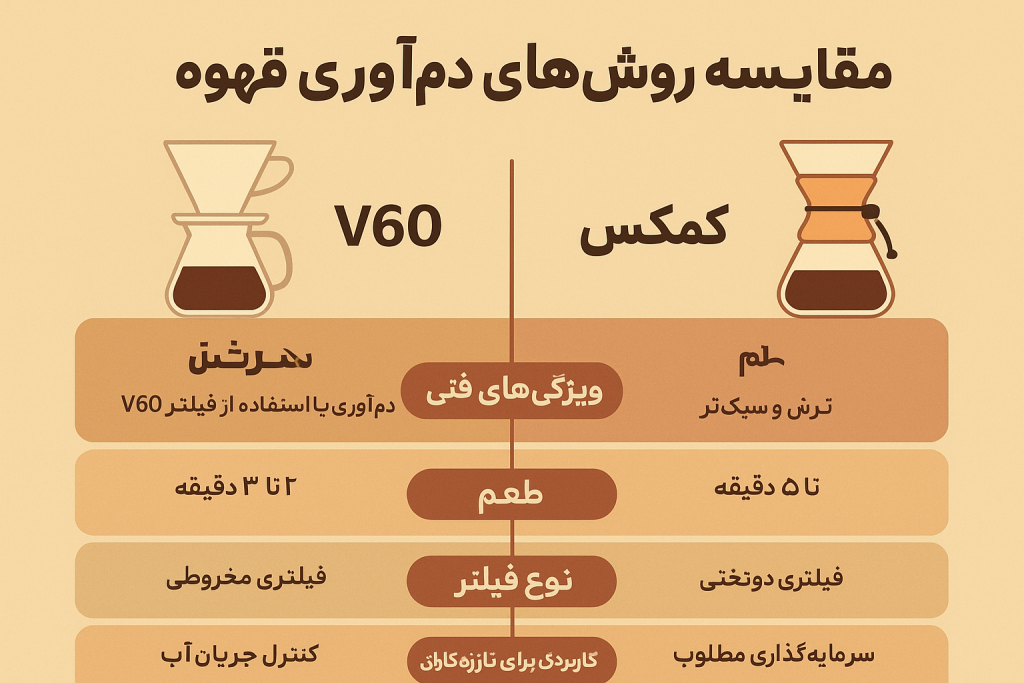 V60 یا کمکس — تصویر مقایسه‌ای دریپر V60 و قهوه‌ساز کمکس با فیلترهای مخصوص